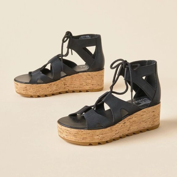 NWOB Sorel Cameron Platform Lace Wedge Sandals Leather Women's Size 9 Black - Picture 1 of 12